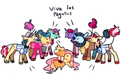 Size: 1280x800 | Tagged: safe, artist:goatpaste, derpibooru import, applejack, flam, flim, fluttershy, trapeze star, earth pony, pegasus, pony, unicorn, season 6, viva las pegasus, angry, argument, brothers, clothes, coat markings, colored hooves, emanata, facial hair, female, flim flam brothers, frown, g4, hat, image, leonine tail, leotard, male, mare, missing accessory, moustache, open mouth, png, scared, shirt, siblings, siegfried and roy, socks (coat marking), stallion, tail, trotsky, unshorn fetlocks