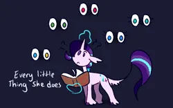 Size: 1280x800 | Tagged: safe, artist:goatpaste, derpibooru import, starlight glimmer, pony, unicorn, every little thing she does, season 6, book, colored hooves, dark background, eye, eyes, eyes in the dark, frown, g4, heterochromia, image, implied applejack, implied fluttershy, implied mind control, implied pinkie pie, implied rainbow dash, implied rarity, leonine tail, looking up, magic, magic aura, png, question mark, simple background, tail, telekinesis, unknown pony, unshorn fetlocks