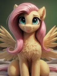 Size: 768x1024 | Tagged: source needed, safe, ai content, derpibooru import, machine learning generated, fluttershy, pegasus, pony, chest fluff, ear fluff, female, image, looking at you, mare, png, solo, spread wings, tongue out, wings