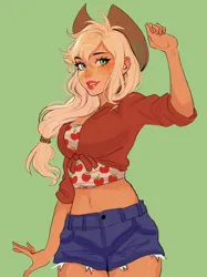 Size: 1170x1567 | Tagged: safe, alternate version, artist:chloe dawn, derpibooru import, applejack, human, applejack's hat, belly button, breasts, cleavage, clothes, cowboy hat, cute, cutie mark tattoo, denim, denim shorts, female, flannel, freckles, front knot midriff, g4, green background, grin, hat, humanized, image, jackabetes, jpeg, midriff, shorts, simple background, smiling, solo, tattoo