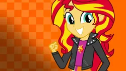 Size: 3840x2160 | Tagged: safe, artist:octosquish7260, derpibooru import, sunset shimmer, human, equestria girls, checkered background, clothes, female, image, png, solo