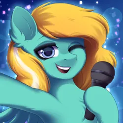 Size: 1500x1500 | Tagged: safe, artist:alunedoodle, derpibooru import, oc, pegasus, pony, bust, confetti, female, image, looking at you, microphone, one eye closed, png, portrait, singing, smiling, smiling at you, solo, two toned mane, wink, winking at you