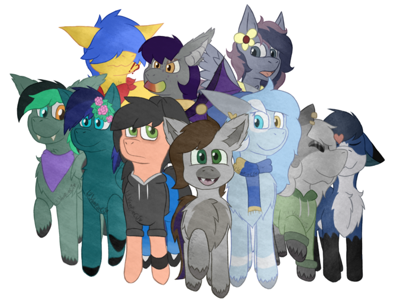 Size: 2000x1526 | Tagged: safe, derpibooru import, oc, oc:aella, oc:cj vampire, oc:crystal grey, oc:eira, oc:fox cerulean, oc:fritz, oc:lemon puff, oc:starchaser, oc:sunsqual, oc:target strike, ponified, unofficial characters only, bat pony, earth pony, pegasus, pony, derpibooru community collaboration, 2024 community collab, amber eyes, bandana, blue eyes, chest fluff, clothes, collaboration, commission, cyan eyes, digital art, ear fluff, flower, flower in hair, fluffy, gray eyes, green eyes, group, head fluff, heterochromia, hoodie, image, png, scarf, tail, tail fluff, yellow eyes