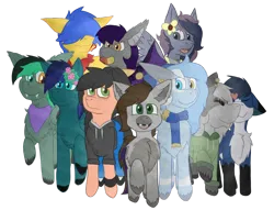 Size: 2000x1526 | Tagged: safe, derpibooru import, oc, oc:aella, oc:cj vampire, oc:crystal grey, oc:eira, oc:fox cerulean, oc:fritz, oc:lemon puff, oc:starchaser, oc:sunsqual, oc:target strike, ponified, unofficial characters only, bat pony, earth pony, pegasus, pony, derpibooru community collaboration, 2024 community collab, amber eyes, bandana, blue eyes, chest fluff, clothes, collaboration, commission, cyan eyes, digital art, ear fluff, flower, flower in hair, fluffy, gray eyes, green eyes, group, head fluff, heterochromia, hoodie, image, png, scarf, tail, tail fluff, yellow eyes