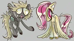 Size: 2880x1620 | Tagged: safe, artist:10bullz, derpibooru import, derpy hooves, fluttershy, pegasus, pony, duo, female, gray background, gray coat, hair over one eye, hooves, image, jpeg, mare, open mouth, open smile, pink hair, pink tail, red eyes, simple background, smiling, tail, wings, yellow coat, yellow eyes, yellow hair, yellow tail