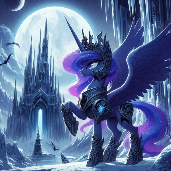 Size: 1024x1024 | Tagged: prompter needed, safe, ai content, derpibooru import, machine learning generated, princess luna, alicorn, pony, armor, armored pony, building, female, full moon, g4, generator:dall-e 3, ice, icicle, image, jpeg, mare, moon, mountain, night, night sky, one leg raised, outdoors, pose, sky, snow, solo, spire, spread wings, wings, wrong eye color