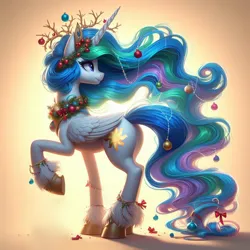 Size: 1024x1024 | Tagged: prompter needed, safe, ai content, derpibooru import, machine learning generated, princess celestia, alicorn, pony, antlers, backlighting, bauble, butt, christmas, christmas ornament, christmas outfit, clothes, colored hooves, decoration, female, folded wings, g4, generator:dall-e 3, gradient background, holiday, horn, image, jpeg, looking back, mare, plot, raised hoof, ribbon, solo, three quarter view, unshorn fetlocks, wind, windswept mane, wings, wreath