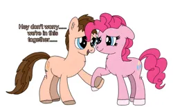 Size: 828x515 | Tagged: safe, artist:thebronypony123, derpibooru import, pinkie pie, oc, oc:braden, earth pony, pony, canon x oc, dialogue, female, holding hooves, image, jpeg, male, mare, shipping, simple background, smiling, stallion, together, white background