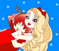 Size: 1228x1060 | Tagged: safe, derpibooru import, spike, human, equestria girls, apple white, christmas, crossover, crossover shipping, ever after high, g4, holiday, hug, human spike, humanized, image, love, png, red hair, ship:spikewhite, shipping, sleeping, smiling