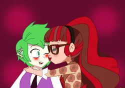 Size: 1709x1204 | Tagged: safe, derpibooru import, spike, human, equestria girls, blushing, crossover, ever after high, g4, hug, human spike, humanized, image, kiss on the cheek, kissing, png, rosabella beauty, ship:rospike, smiling, student