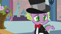 Size: 2160x1214 | Tagged: safe, derpibooru import, screencap, spike, dragon, a canterlot wedding, bowtie, canterlot, canterlot castle, clothes, disappointed, flower, force field, hat, image, jpeg, marriage, ring bearer, royal wedding, solo, spike's first bow tie, suit, top hat, tuxedo, wedding