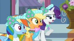 Size: 2160x1206 | Tagged: safe, derpibooru import, screencap, earth pony, pegasus, pony, unicorn, a canterlot wedding, alternate hairstyle, annoyed, bridesmaid, bridesmaid applejack, bridesmaid dash, bridesmaid dress, bridesmaid rarity, canterlot, canterlot castle, clothes, conflict, disappointed, dress, female, floral head wreath, flower, flower in hair, force field, gown, image, jpeg, mare, marriage, missing accessory, royal wedding, wedding