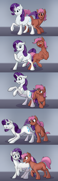 Size: 1600x5000 | Tagged: safe, artist:acesential, edit, rarity, oc, oc:maple gleam, earth pony, latex pony, original species, pony, unicorn, clothes, comic, duo, female, floppy ears, grin, happy, image, latex, latex socks, liquid latex, living latex, looking at each other, mare, open mouth, png, raised hoof, rearing, seams, shiny, simple background, smiling, socks, surprised, transformation, transformation sequence