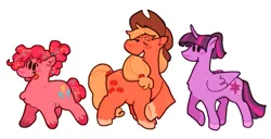 Size: 1085x557 | Tagged: safe, artist:hillhomed, artist:pinklem, derpibooru import, applejack, pinkie pie, twilight sparkle, twilight sparkle (alicorn), alicorn, earth pony, pony, :p, alternate hairstyle, applejack's hat, closed wing, colored hooves, cowboy hat, diverse body types, female, freckles, g4, hat, height difference, image, mare, one eye closed, png, ponytail, simple background, smiling, standing, tongue out, trio, trio female, underhoof, unshorn fetlocks, white background