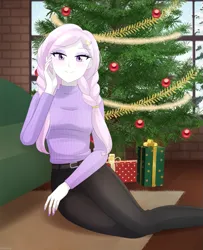 Size: 813x1000 | Tagged: safe, artist:riouku, derpibooru import, fleur-de-lis, human, equestria girls, alternate hairstyle, belt, braid, brick wall, christmas, christmas lights, christmas tree, clothes, cute, denim, equestria girls-ified, eyeshadow, female, fingernails, g4, hairclip, holiday, image, indoors, jeans, long sleeves, looking at you, makeup, nail polish, pants, pigtails, png, present, smiling, smiling at you, sweater, tree, turtleneck, twintails, window