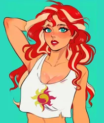 Size: 1080x1282 | Tagged: safe, alternate version, artist:chloe dawn, derpibooru import, sunset shimmer, human, arm behind head, belly button, breasts, busty sunset shimmer, cleavage, clothes, cutie mark, cutie mark on clothes, female, freckles, g4, humanized, image, jpeg, midriff, simple background, solo, tanktop, teal background, torn clothes