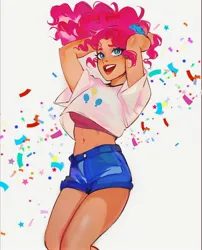Size: 1080x1337 | Tagged: safe, artist:chloe dawn, derpibooru import, pinkie pie, human, abstract background, arm behind head, belly button, clothes, confetti, cutie mark, cutie mark on clothes, denim, denim shorts, female, g4, humanized, image, jpeg, midriff, open mouth, open smile, ponytail, shorts, smiling, solo