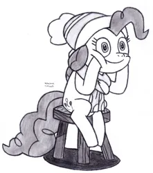 Size: 2498x2825 | Tagged: safe, artist:drchrisman, derpibooru import, pinkie pie, earth pony, pony, black and white, clothes, female, g4, grayscale, hat, image, jpeg, monochrome, scarf, simple background, sitting, smiling, solo, stool, white background, winter hat, winter outfit