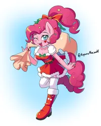Size: 1403x1758 | Tagged: safe, artist:melliedraws, derpibooru import, pinkie pie, anthro, alternate hairstyle, christmas, clothes, costume, hat, holiday, image, monochrome, open mouth, png, santa costume, santa hat, santa sack, socks, thigh highs