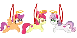 Size: 1200x600 | Tagged: safe, artist:mlpfan3991, derpibooru import, apple bloom, scootaloo, sweetie belle, earth pony, pegasus, pony, unicorn, christmas, christmas ornament, cutie mark crusaders, decoration, female, g4, halo, holiday, image, png, simple background, transparent background
