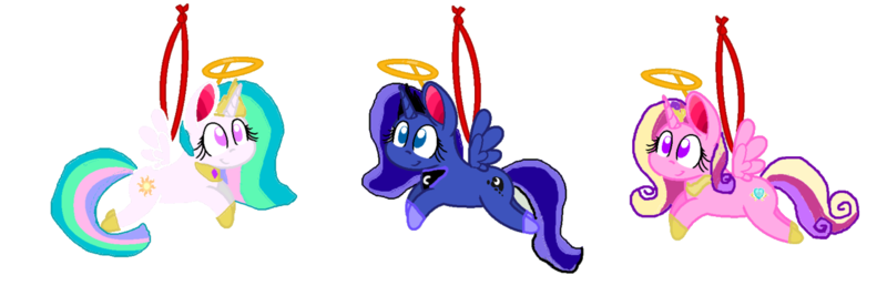 Size: 1316x439 | Tagged: safe, artist:mlpfan3991, derpibooru import, princess cadance, princess celestia, princess luna, alicorn, pony, christmas, christmas ornament, decoration, female, g4, halo, holiday, image, png, simple background, transparent background