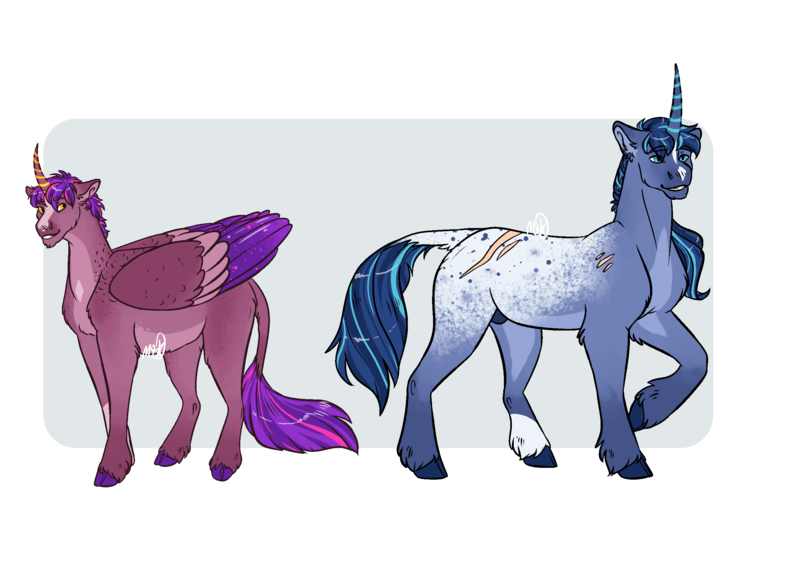 Size: 2507x1763 | Tagged: safe, artist:kitschykricket, derpibooru import, shining armor, twilight sparkle, twilight sparkle (alicorn), alicorn, pony, alternate design, alternate name, appaloosa, bio in description, blaze (coat marking), brothers, cheek fluff, chin fluff, clothes, cloven hooves, coat markings, colored hooves, colored wings, colored wingtips, curved horn, cyan eyes, duo, dusk shine, ear fluff, elbow fluff, facial markings, folded wings, golden eyes, gradient legs, grin, horn, image, leg fluff, leonine tail, light blue background, male, multicolored wings, nudity, pale belly, passepartout, png, prince dusk, raised hoof, rule 63, scar, scarf, scarred, sheath, shoulder feathers, siblings, simple background, smiling, snip (coat marking), socks (coat marking), sparkly wings, standing, stripe (coat marking, striped hair, tail, tail feathers, transparent background, unshorn fetlocks, wings, yellow eyes
