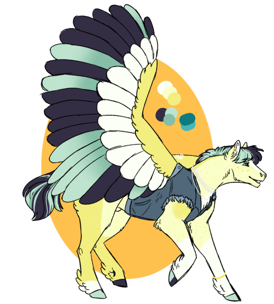 Size: 1800x2000 | Tagged: safe, artist:kitschykricket, derpibooru import, oc, unnamed oc, unofficial characters only, pegasus, pony, anatomically incorrect, bracelet, butt fluff, cheek fluff, chest fluff, clothes, coat markings, color palette, colored wings, denim, denim jacket, ear fluff, ear piercing, earring, facial markings, freckles, hooves, image, incorrect leg anatomy, jacket, jewelry, leg feathers, magical lesbian spawn, male, mismatched hooves, multicolored hooves, multicolored wings, neck fluff, necklace, nudity, offspring, orange background, pale belly, parent:coloratura, parent:songbird serenade, pastern (coat markings), piercing, png, sheath, simple background, socks (coat marking), solo, spread wings, stallion, stripe (coat marking), transparent background, vest, wings