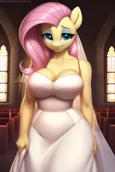 Size: 512x768 | Tagged: suggestive, ai content, derpibooru import, machine learning generated, novelai, stable diffusion, fluttershy, anthro, bedroom eyes, big breasts, breasts, busty fluttershy, church, cleavage, clothes, dress, g4, image, looking at you, png, smiling, wedding dress