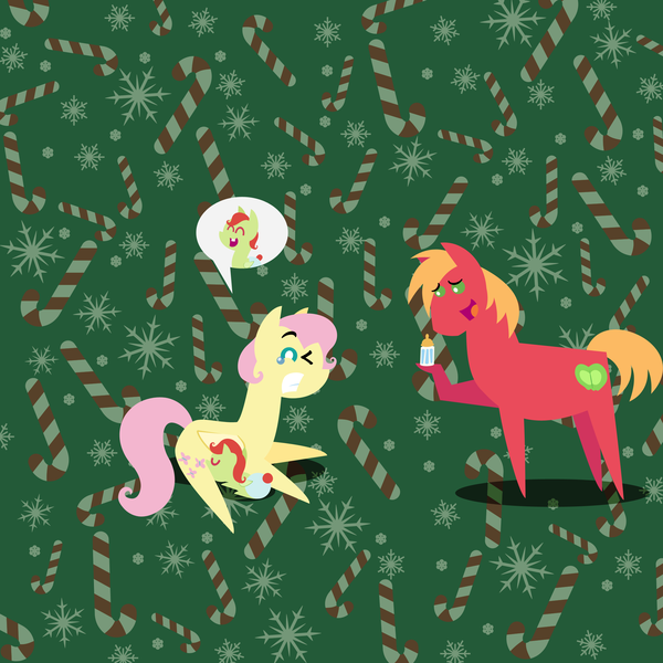 Size: 2160x2160 | Tagged: safe, anonymous artist, derpibooru import, big macintosh, fluttershy, oc, oc:late riser, earth pony, pegasus, pony, series:fm holidays, series:hearth's warming advent calendar 2023, advent calendar, alternate hairstyle, baby, baby bottle, baby pony, breastfeeding, christmas, colt, family, female, fluttermac, foal, g4, gritted teeth, high res, holiday, hoof hold, image, implied biting, lineless, lying down, male, mare, nonsexual nursing, nursing, offspring, one eye closed, parent:big macintosh, parent:fluttershy, parents:fluttermac, png, pointy ponies, shipping, short mane, speech bubble, stallion, straight, suckling, teary eyes, teeth