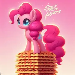 Size: 351x351 | Tagged: safe, ai content, derpibooru import, machine learning generated, pinkie pie, ponified, earth pony, pony, food, generator:dall-e 3, image, meme, png, ponified meme, tower, waffle