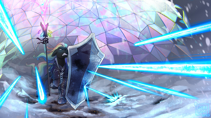 Size: 1300x731 | Tagged: safe, artist:cosmalumi, derpibooru import, oc, oc:kaleidoscope, unofficial characters only, crystal pony, pony, armor, force field, image, jpeg, laser, magic, shield, snow, solo, staff