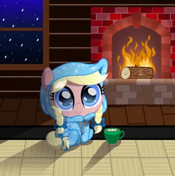 Size: 892x895 | Tagged: safe, artist:spellboundcanvas, derpibooru import, oc, oc:merry bliss, earth pony, pony, braid, chocolate, clothes, cute, female, fireplace, food, footed sleeper, hot chocolate, image, jpeg, mare, pajamas, smol, snow, solo, young
