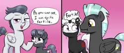 Size: 3000x1296 | Tagged: safe, artist:heretichesh, derpibooru import, rumble, thunderlane, oc, oc:s.leech, oc:tumble, pegasus, pony, unicorn, 2 panel comic, canon x oc, coat markings, comic, dialogue, father and child, father and daughter, female, filly, g4, image, implied male pregnancy, male, mare, nervous sweat, offspring, older, older rumble, parent:oc:s.leech, parent:rumble, parents:canon x oc, png, shipping, speech bubble, stallion, straight, talking to viewer, thought bubble