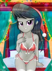 Size: 783x1071 | Tagged: suggestive, artist:charliexe, derpibooru import, octavia melody, equestria girls, bed, bedroom eyes, blanket, bra, christmas, christmas lights, clothes, costume, female, g4, grin, hat, holiday, holly, holly mistaken for mistletoe, image, jpeg, lingerie, pants, pillow, red underwear, santa costume, santa hat, sexy, sexy santa costume, smiling, socks, solo, solo female, stockings, thigh highs, underwear