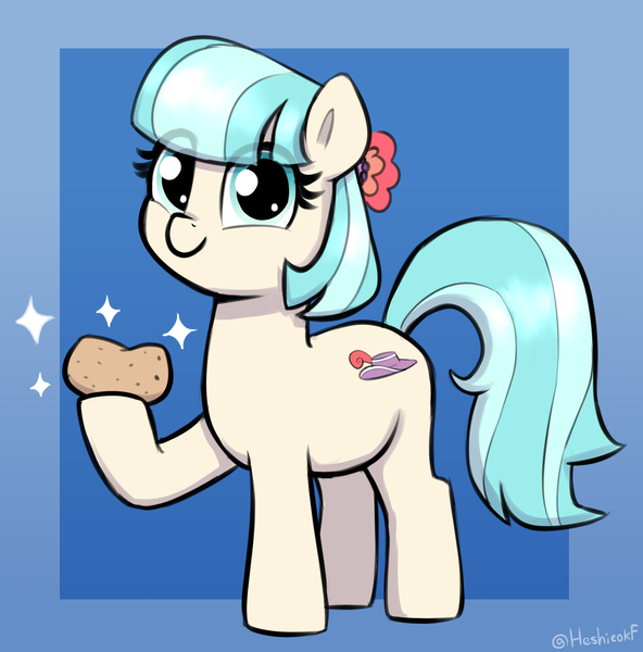 Size: 1808x1832 | Tagged: safe, artist:heretichesh, derpibooru import, coco pommel, earth pony, pony, cocobetes, cute, eye clipping through hair, female, food, g4, hoof hold, image, mare, missing accessory, png, potato, smiling, solo, sparkles