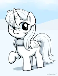 Size: 928x1222 | Tagged: safe, artist:heretichesh, derpibooru import, oc, oc:whiteout, unofficial characters only, pony, unicorn, clothes, eye clipping through hair, female, filly, foal, image, png, raised hoof, scarf, snow, solo
