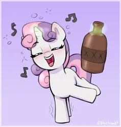 Size: 1356x1430 | Tagged: safe, artist:heretichesh, derpibooru import, sweetie belle, pony, unicorn, alcohol, blushing, bottle, drink, drunk, drunk bubbles, eyes closed, female, filly, foal, g4, gradient background, image, levitation, magic, music notes, open mouth, open smile, png, signature, singing, smiling, solo, standing on two hooves, telekinesis, underaged drinking, wobbling