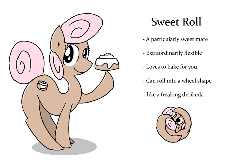 Size: 1400x920 | Tagged: safe, artist:purblehoers, derpibooru import, oc, oc:sweet roll, balancing, cinnamon bun, food, image, looking at you, ms paint, pink mane, png, raised hoof, reference sheet, simple background, smiling, smiling at you, solo, star wars, text, wheel, white background