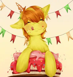 Size: 3300x3500 | Tagged: safe, artist:rafi, derpibooru import, braeburn, earth pony, pony, birthday, birthday cake, braebetes, cake, cute, eyes closed, food, hat, image, male, party hat, png, smiling, solo, stallion, streamers, tongue out, two toned mane