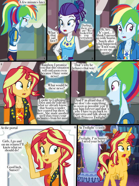 Size: 768x1024 | Tagged: safe, artist:ilaria122, ponerpics import, ponybooru import, rainbow dash, rarity, sunset shimmer, human, pony, unicorn, comic:a mysterious rival, equestria girls, comic, female, image, implied shipping, implied soarin', implied soarindash, implied straight, jpeg