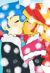Size: 1140x1650 | Tagged: safe, artist:lirudraw, derpibooru import, flash sentry, sunset shimmer, equestria girls, blusing, christmas, female, flashimmer, holiday, image, kissing, male, png, shipping, straight, winter
