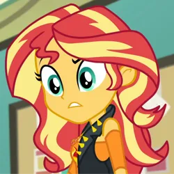 Size: 1626x1627 | Tagged: safe, derpibooru import, screencap, sunset shimmer, human, equestria girls, equestria girls series, forgotten friendship, breasts, canterlot high, clothes, confused, cropped, cutie mark, cutie mark on clothes, eyebrows, frown, g4, geode of empathy, image, jewelry, magical geodes, necklace, png, raised eyebrow, solo