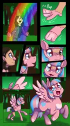 Size: 1988x3556 | Tagged: safe, artist:jitterbugjive, artist:sinligereep, derpibooru import, oc, unofficial characters only, human, pegasus, pony, commission, female, high res, human to pony, image, male to female, mare, pegasus oc, png, pride, pride flag, rainbow, rule 63, transformation, transformation sequence, transgender pride flag, transgender transformation, wings, ych result