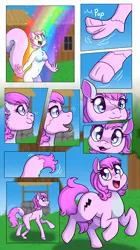 Size: 1988x3556 | Tagged: safe, artist:jitterbugjive, artist:sinligereep, derpibooru import, oc, unofficial characters only, earth pony, pony, squirrel, commission, female, furry, furry to pony, high res, image, mare, png, rainbow, transformation, transformation sequence, ych result