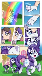 Size: 1988x3556 | Tagged: safe, artist:jitterbugjive, artist:sinligereep, derpibooru import, rarity, human, pony, unicorn, commission, female, high res, human to pony, image, male to female, mare, png, ponyville, rainbow, rule 63, transformation, transformation sequence, transgender transformation, ych result