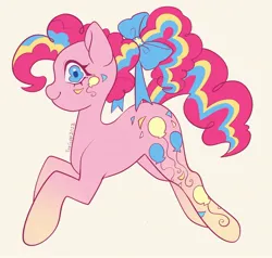 Size: 2048x1951 | Tagged: safe, artist:tea--cupp, derpibooru import, pinkie pie, earth pony, pony, bow, female, gradient hooves, hair bow, image, jpeg, looking at you, mare, ponytail, profile, rainbow power, signature, simple background, smiling, smiling at you, solo, yellow background