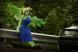 Size: 5000x3347 | Tagged: safe, artist:dark-fic, derpibooru import, oc, oc:green screen, unofficial characters only, anthro, pegasus, 3d, blender, blender cycles, boots, car, clothes, dandelion, dress, female, forest, grass, image, leaning, nature, png, road, shoes, solo, tree