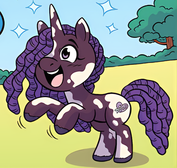 Size: 580x550 | Tagged: safe, artist:shauna j. grant, derpibooru import, edit, idw, violette rainbow, pony, unicorn, g5, spoiler:comic, spoiler:g5comic, spoiler:g5comic14, cropped, female, filly, foal, hair over one eye, horn, image, official comic, open mouth, open smile, outdoors, png, rearing, smiling, solo, sparkles, tail, tree, unshorn fetlocks, upscaled, vitiligo