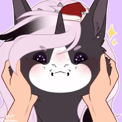 Size: 1000x1000 | Tagged: safe, artist:honeybbear, derpibooru import, oc, oc:digit morose, unofficial characters only, unicorn, cheek squish, christmas, commission, female, goth, hand, hat, holiday, horn, image, jpeg, pastel goth, piercing, santa hat, spiked headband, squishy cheeks, ych result