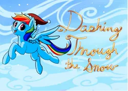 Size: 1400x1000 | Tagged: safe, artist:rocket-lawnchair, derpibooru import, rainbow dash, pegasus, pony, christmas, female, flying, hat, holiday, image, jpeg, mare, name pun, open mouth, open smile, santa hat, smiling, solo, spread wings, text, wings